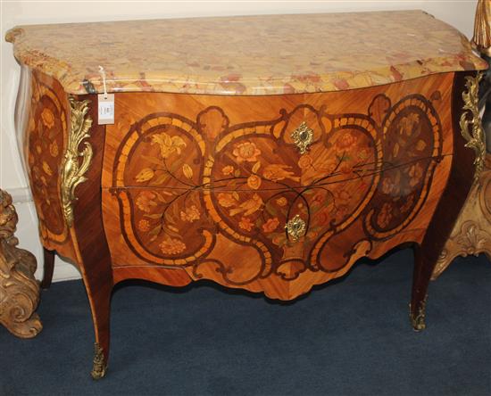 A Louis XV style fruitwood and ebony inlaid kingwood, tulipwood and marquetry commode, in the manner of Latz, W.4ft 1.5in. H.2ft 9in.